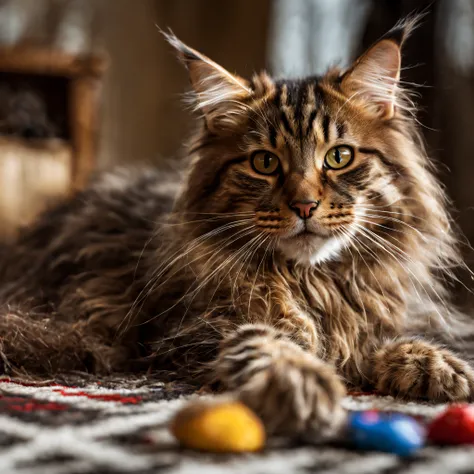 main coon plays in room, is focused on catching toy mouse, looks at mouse, best quality, super detailed, high resolution, very d...