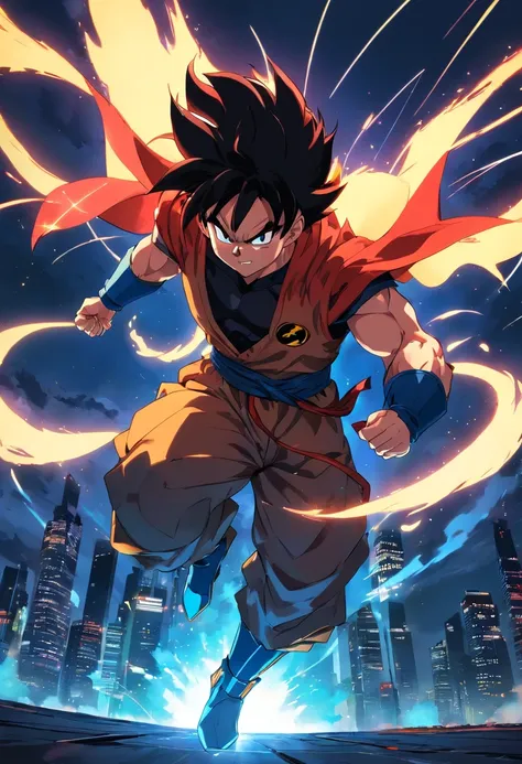 (Um poderoso saiyajin:1.2), (armadura detalhada:1.1) Of (Batman:1.1) (de O Cavaleiro das Trevas:1.1), (Intensa cena de batalha:1.1), (dynamic fighting pose), (Flames and sparks flying:1.1), (Magnificent energetic aura), (poder explosivo:1.1), (cores vibran...