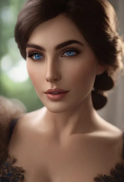 ((top quality, 8k, masterpiece: 1.3)), Caucasian characteristics, real life,dark brown hair in gentle waves up to the shoulders, expressive blue eyes, long eyelashes, slender silhouette with soft curves. Beauty, 1 girl, Large: 1.3, slim abs: 1.1, ultra det...