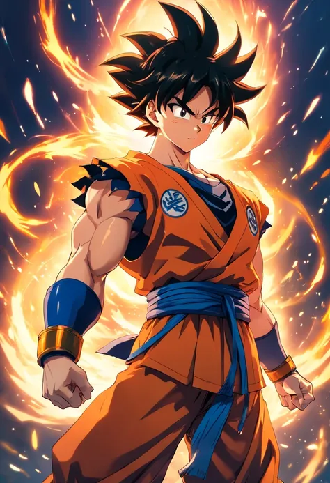 Goku in heavy armor,3D rendering,ultra-detailed,professional,HDR,studio lighting,vivid colors,physically-based rendering,sharp focus,long hair,serious expression,muscular,dragon tattoo,bokeh,metallic texture,glowing orbs,explosions,action-packed scene,unst...