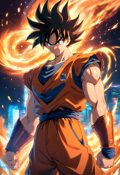 Goku in heavy armor,3D rendering,ultra-detailed,professional,HDR,studio lighting,vivid colors,physically-based rendering,sharp focus,long hair,serious expression,muscular,dragon tattoo,bokeh,metallic texture,glowing orbs,explosions,action-packed scene,unst...