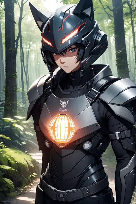 Ein Mann mit einer japanischen Fuchsmaske, Wears Japanese black light armor, Im dunklen Wald, Filmische Beleuchtung, Depth of field, Leuchtendes Licht, raytracing, Reflexionslicht, nahaufnahme, Meisterwerk, Meisterwerk, High quality, best quality, Hohe Det...