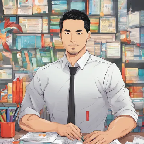 An attractive 40-year-old Filipino, boasting an extremely fit build. He has short black hair and a shaved beard. He wears a tight office uniform.