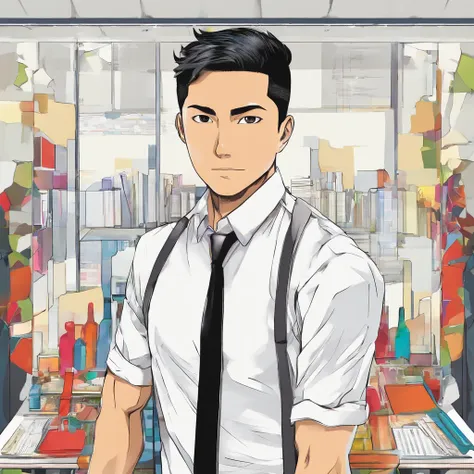 An attractive 40-year-old Filipino, boasting an extremely fit build. He has short black hair and a shaved beard. He wears a tight office uniform.