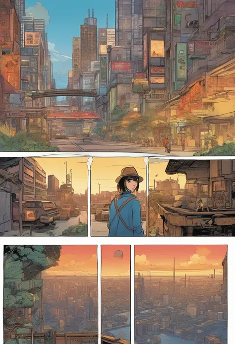 Japanese comics style , the comic story is presented in multiple irregular panels with color. Close-up on Alana: Determined look in cockpit, city ruins in the background, hands gripping controls. The style is exaggerated and detailed in anime style. settin...