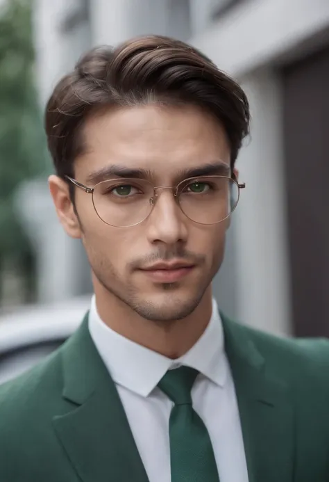 hyper realistic, portrait of a handsome man, tan skin, double eyelids, green eyes, dark hair, stubble, chiseled jaw, muscular, glasses, black pinstripe suit,