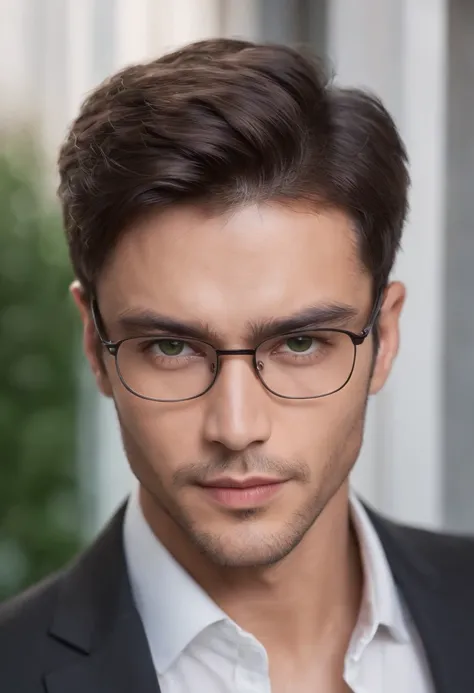 hyper realistic, portrait of a handsome man, tan skin, double eyelids, green eyes, dark hair, stubble, chiseled jaw, muscular, glasses, black pinstripe suit,