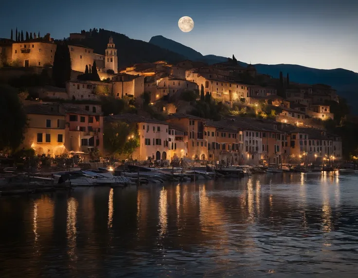 An extremely beautiful and charming Italian village by the shores of lake Cuomo, Italy, sunset, lights on, dramatic lighting, magnificent aura, amazing views, stunning skies, spectacular full moon.