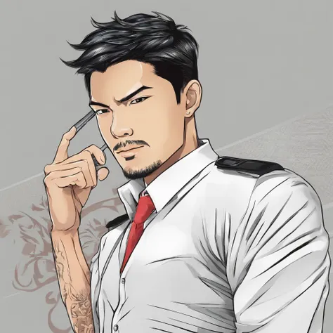 An attractive 40-year-old Filipino, boasting an extremely fit build. He has short black hair and a shaved beard. He wears a tight office uniform.