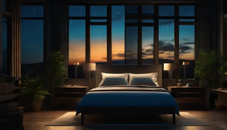 quarto escuro, Noite, mesa de computador, sombras suaves, computador moderno elegante, tela iluminada, luz azul fria, papel de parede, altamente detalhado, Paisagem do anime