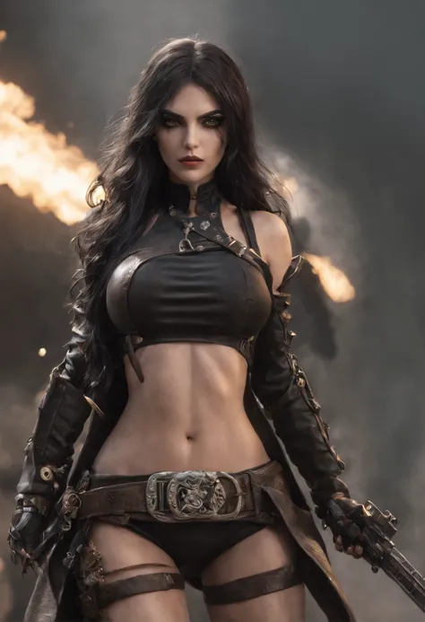 Gere uma imagem  detalhada da personagem Mara, also known as Mara Death Dealer, do jogo Call of Duty: Guerra moderna. Describe its appearance, in a bikini, corpo escultural, flowing hair, Equipamento, personality and any other relevant information that mak...