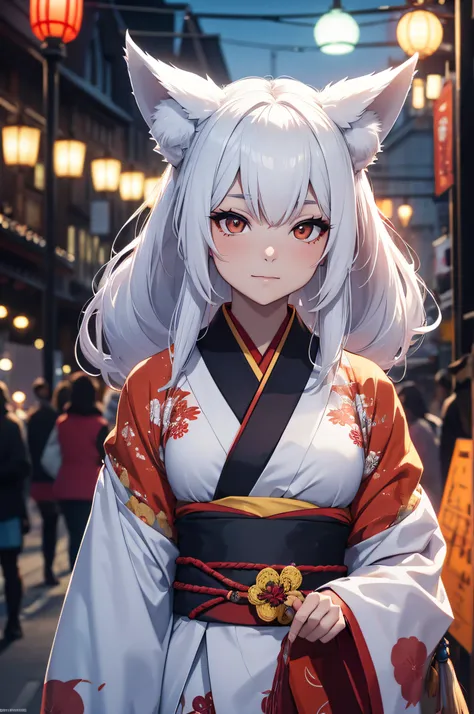 (one man), wearing a japanese fox mask, kitsune, japanese kimono, long white hair, perfect face, festival in background, Filmische Beleuchtung, Depth of field, Leuchtendes Licht, raytracing, Reflexionslicht, nahaufnahme, Meisterwerk, Meisterwerk, High qual...