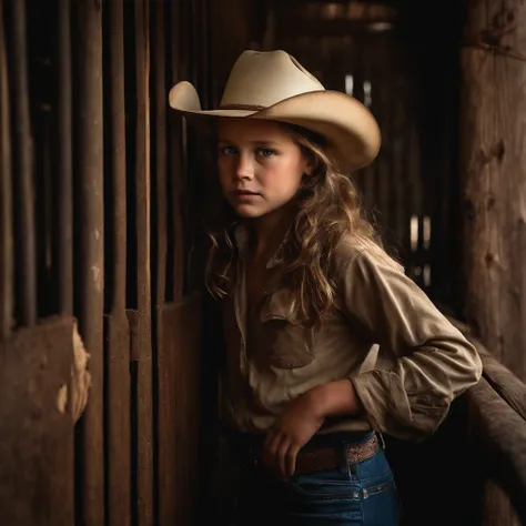 (best quality,realistic:1.2),ultra-detailed,(dirty,gritty:1.1),frightened young girl (in the) rodeo barn covered in manure,stained clothes,heavy dirt,muddy floor(,dusty atmosphere),desperate expression,cattle pens,messy hay bales,scary shadows,sunlight pee...