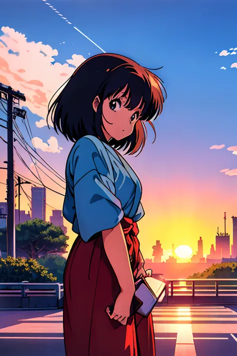 【citypop】, citypop FEMALE JAPANESE 1992, anime estilo anos 80, BOLHA POP JAPONESA, pop da cidade, 🇯🇵 Japan Pop City "CIDADE POP", cores lo-fi, Sunset environment, Shy pose, 1girl,