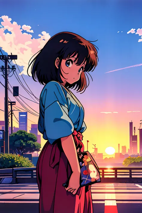 【citypop】, citypop FEMALE JAPANESE 1992, anime estilo anos 80, BOLHA POP JAPONESA, pop da cidade, 🇯🇵 Japan Pop City "CIDADE POP", cores lo-fi, Sunset environment, Shy pose, 1girl,