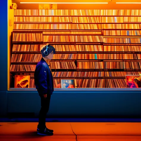 Photo of a man listening to music with headphones in vinyl record store, texto grande (why you), Super Detalhe, Retro wave, Cyberpunk, sad vibe, Night light through the window, Night vibrations, um quarto, 2D, (Longshot), tiro largo, (movie noise), DESENHO...