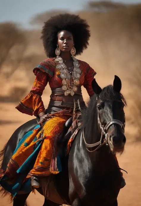 African Warrior Girl Sitting on a Black Horse, Combat homme Africain, barbe noir, frizzy hair, cheval noir