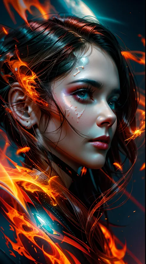 uma mulher com cabelos ruivos e uma cara de fogo, arte de fantasia hiperrealista, bela arte digital, Arte VFX, Arte digital alucinante, stunning digital illustration, arte de fantasia realista, lindo arte digital, Unreal Engine 5 Arte Digital, Arte digital...