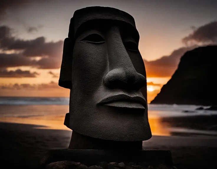 An extremely beautiful photo of a Moai in Easter Island, by the shores of the Pacific Ocean, sunset, candle lights on, dramatic lighting, magnificent aura, amazing views, stunning skies, spectacular full moon, ethereal environment.