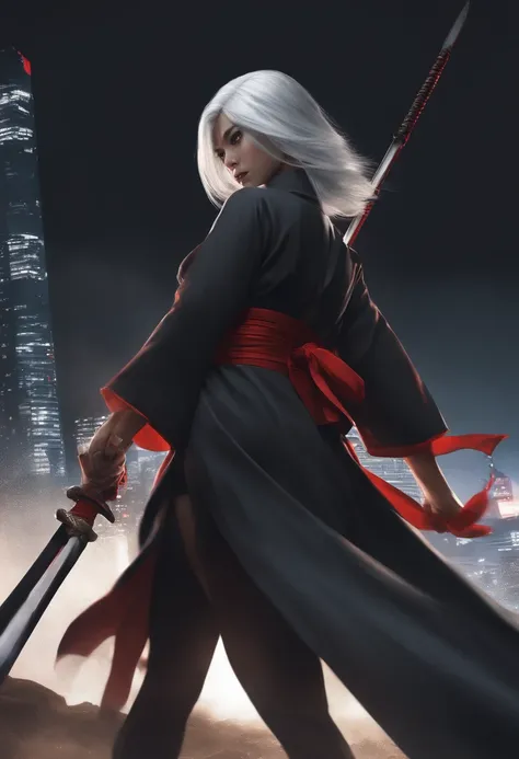 ((dramatic)) girl, japan goddes of war, one handed holding divine katana, slicing enemy pose, bloodstain on her face, dark night, broken building and post apocalyptic japan ((broken building)), godly fantasy aura, stand on top of tall building, looking at ...