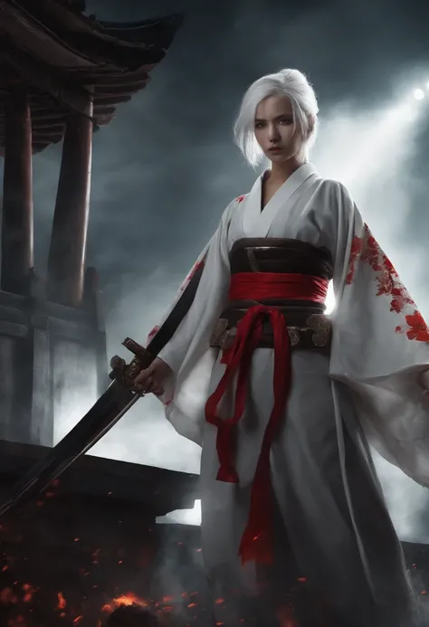 ((dramatic)) girl, japan goddes of war, one handed holding divine katana, slicing enemy pose, bloodstain on her face, dark night, broken building and post apocalyptic japan ((broken building)), godly fantasy aura, stand on top of tall building, looking at ...