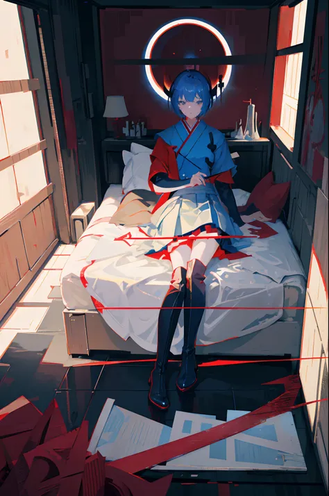 short blue hair, red eyes, wearing japanese uniform, red chess texture skirt, leather high heel shoes boots, black stockings, room, top-view angle, view from high, toast in the mouth, messy bed, absurdres, high res, ultrasharp, 8K, masterpiece, full detail...