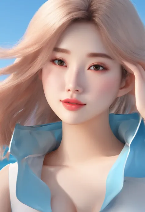 Asian Women、Cute face like a model、Popular faces that are trending now、huge tit、large full breasts、Close-up image、Wearing a white bra、peach、blue-sky、The background is the sea、Blonde Girl、Sharp image、Resolution up