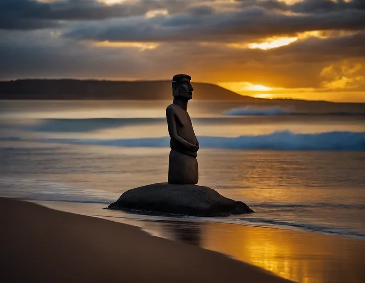 An extremely beautiful photo of a Moai in Easter Island, by the shores of the Pacific Ocean, sunset, candle lights on, dramatic lighting, magnificent aura, amazing views, stunning skies, spectacular full moon, ethereal environment.