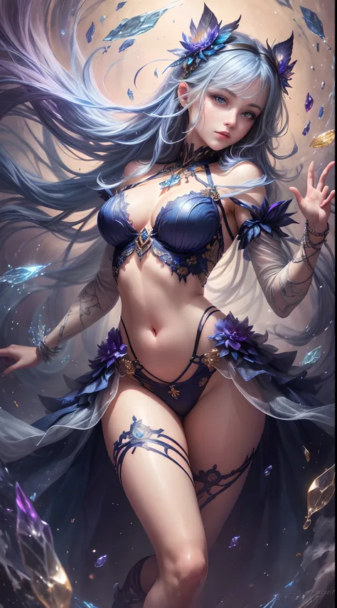 navy blue color, A captivating anime girl gracefully emerges from the pages of a watercolor painting, her vibrant and intricate colors breathing life into the artwork. She wears extraordinary fantasy costumes，Decorated with exquisite details, reflecting th...