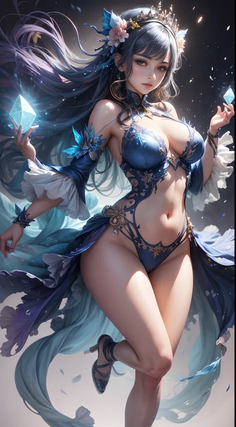 navy blue color, A captivating anime girl gracefully emerges from the pages of a watercolor painting, her vibrant and intricate colors breathing life into the artwork. She wears extraordinary fantasy costumes，Decorated with exquisite details, reflecting th...