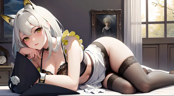 (best quality,4k,8k,highres,masterpiece:1.2),ultra-detailed,shy blushing girl in an aristocrats house,maid costume,full-body portrait, undressed, wearing black string and bra, black stockings, lush garden backdrop,delicate lace apron,polished silver tray,v...