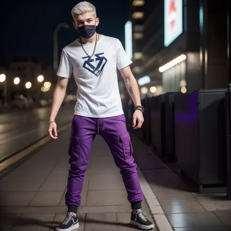 Teen male, (((16yo))), dead inside, purple cargo pants, full body view, city, background blur, chromatic aberration, bokeh, skinny body, white hair, ultra realistic, HQ, 8k, square masculine caucassian face, plaid shirt, mask, chainlet