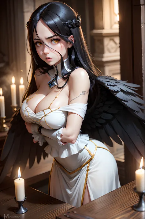 (Meisterwerk), best quality, ausdrucksstarke Augen, Perfektes Gesicht, Albedo from Overlord, horny, black hair, white dress, black wings, old castle, candles fireplace