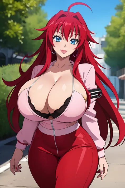 Highschool dxd, Rias Gremory,1girl, (((bimbo))), long red hair , blue eyes, ear rings, (((bimbo))), puffy lips, painted lips, thick lips, smile face, wide hips, thick thighs, high waist jeans, white bra, bomber jacket, cleavage, school, walking