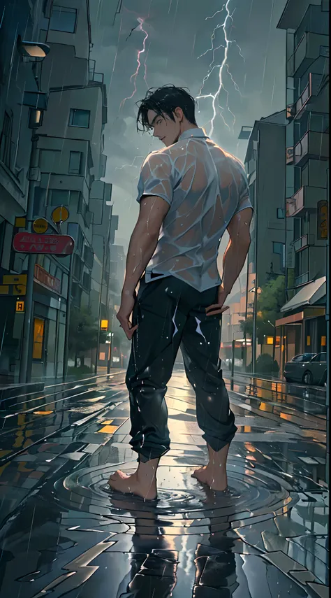 ((((Masterpiece, hiquality, absurdress), ((1male)), black hair, straight hair, Short Hair Hair, gray eyes, a perfect face, sports body , ((Best Quality)), ((Masterpiece)), (Detailed:1.4), Detailed eyes and face,   in the rain, A wet shirt sticks to the bod...