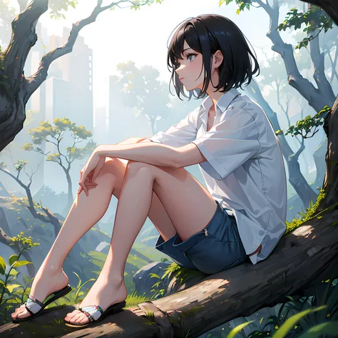 Young woman from the city, Short black hair sitting at the foot of a tree in the forest, Shes looking at the horizon, She wears a white shirt and light blue jeans shorts.. We see her profile in the distance