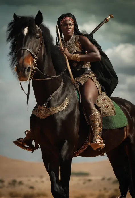 (African Warrior Girl Sitting on a Black Horse, Haut rouge, Jupe verte, holding two swords, clenched teeth) combat (homme Africain, barbe noir, frizzy hair, Two swords, cheval noir, standing, courrier, crier, Angry, cap, do, ennemis