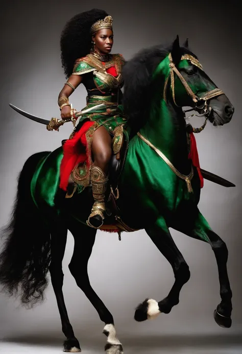 (African Warrior Girl Sitting on a Black Horse, Haut rouge, Jupe verte, holding two swords, clenched teeth) combat (homme Africain, barbe noir, frizzy hair, Two swords, cheval noir, standing, courrier, crier, Angry, cap, do, ennemis