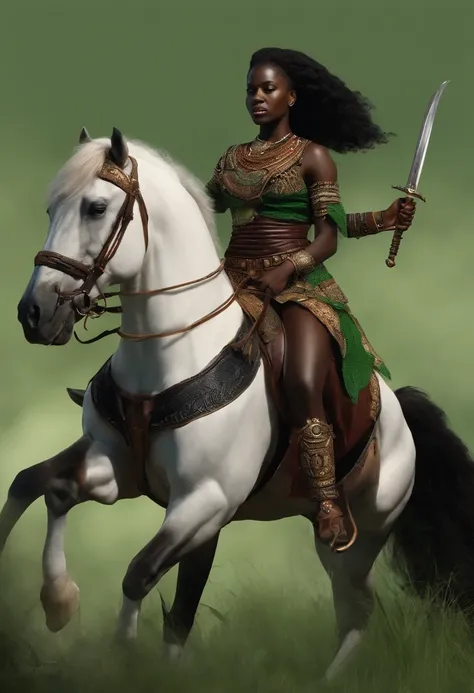 (African Warrior Girl Sitting on a Black Horse, Haut rouge, Jupe verte, holding two swords, clenched teeth) combat (homme Africain, barbe noir, frizzy hair, Two swords, cheval noir, standing, courrier, crier, Angry, cap, do, ennemis