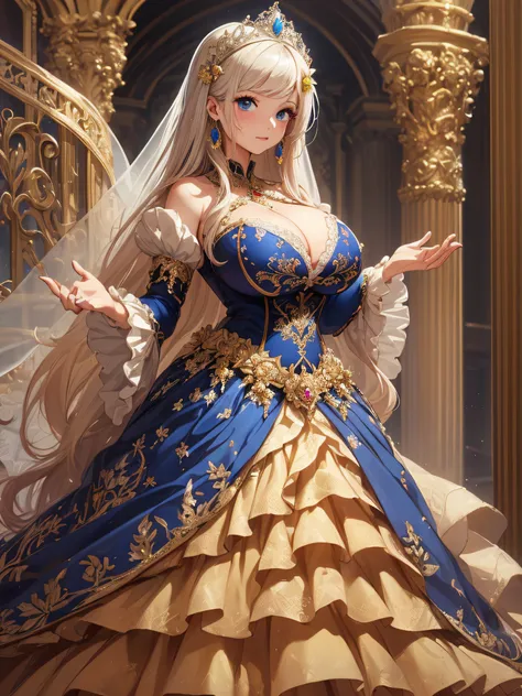 ((anime artstyle)),(Masterpiece),(Best Quality), (Super Detail),((Very Delicate and Beautiful)),cinematic lighting,1 lady,((full body portrait)),((solo)),digital art,(((1 princess in beautiful embroidery and jeweled gorgeous princess rococo ballgown with v...