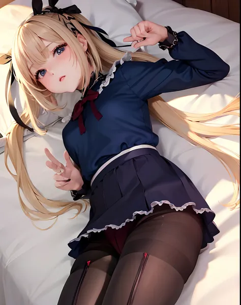 ​masterpiece、hiquality、1girl in、独奏、Marie Rose、cowboy  shot、embarassed expression、Bedroom、((blouse))、((a miniskirt))、((pantyhose))、sleep on ones back