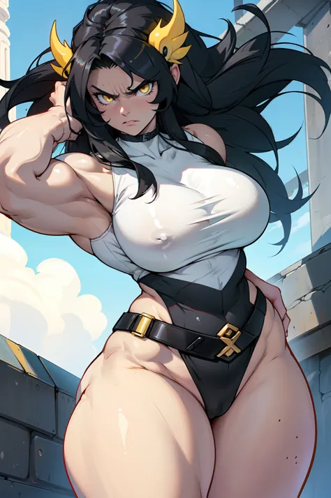 ((((muscular 1 girl)))) (thick thighs huge breasts curvy wide hips) very long hair black hair angry yellow eyes pale skin