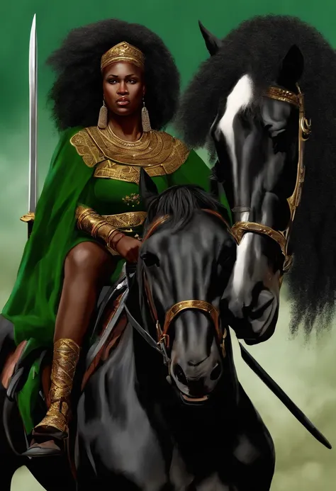 ((((African Warrior Girl Sitting on a Black Horse, Haut rouge, Jupe verte, holding two swords, clenched teeth) combat (homme Africain, barbe noir, frizzy hair, Two swords, cheval noir, standing, courrier, crier, Angry, cap, do, ennemis, Princesse, guerre, ...