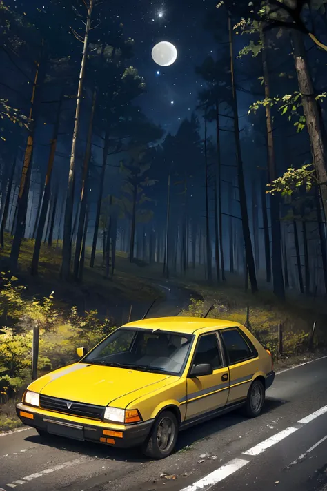 A broken yellow Hatch car on the shoulder of a road in a forest at night, The sky is black and the moon bright