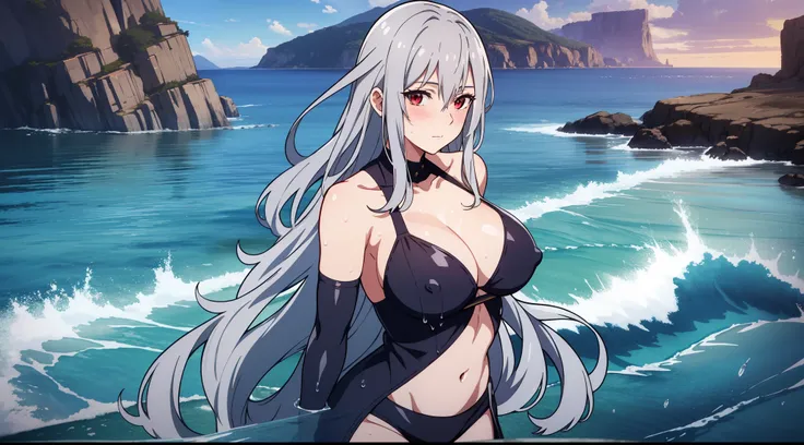 2D, HD, Detailed details, Detailed landscapes, beautiful lights, Beautiful Shadows, top-quality, Highly detailed, masterpiece, best quality, highres, skadi, no hat, gray hair, red eyes, large breast, long hair, blush, closed mouth, navel, looking at viewer...