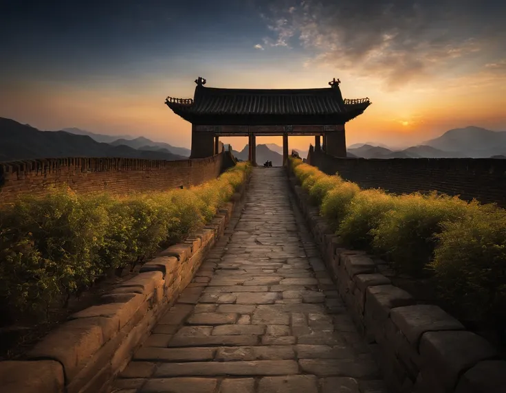 An extremely beautiful photo of the Great Wall of China, in China, sunset, candle lights on, dramatic lighting, laser lights, magnificent aura, amazing views, stunning skies, spectacular full moon, mist, ethereal environment.