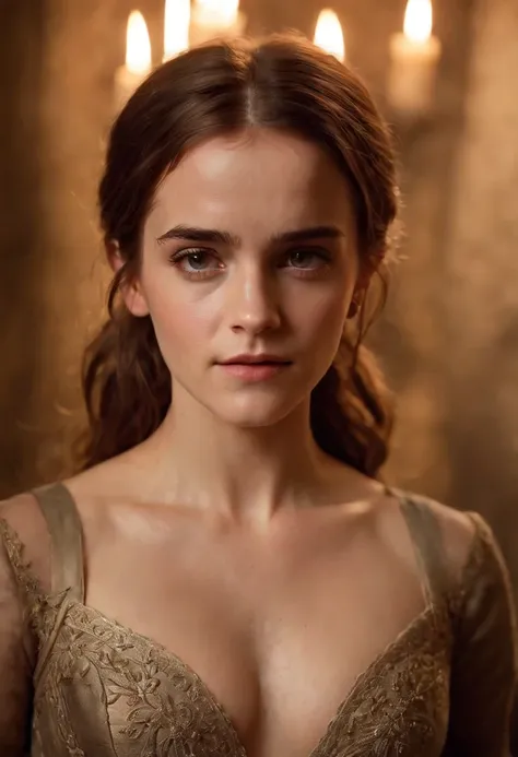 Emma Watson, breasts exposed, face of Emma watson slender and graceful, beautiful, candlelight in a medieval setting, ultra sharp focus, realistic shot, medieval female clothes, tetradic colors (scar:1.4)