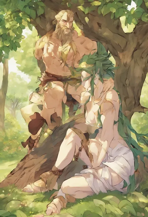 Notre, grosse poitrine, guerrier, kneeling in front of a tree, on knees, Sword in the back, Grand sourire, yeux vert, décolleté, cartoon, nude