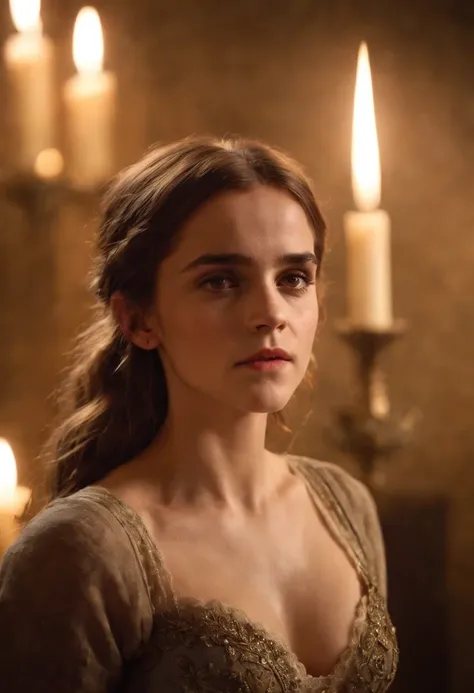 Topless woman, Emma Watson, breasts exposed, face of Emma watson slender and graceful, beautiful, candlelight in a medieval setting, ultra sharp focus, realistic shot, medieval female clothes, tetradic colors (scar:1.4), nipples