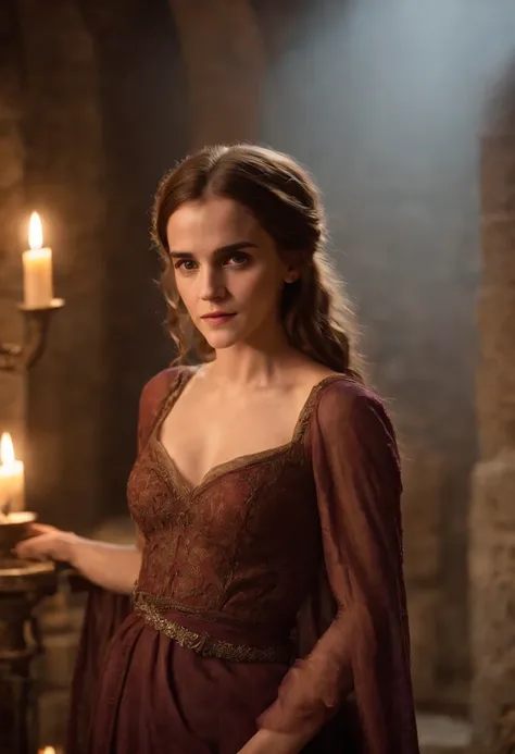 Topless woman, Emma Watson, breasts exposed, face of Emma watson slender and graceful, beautiful, candlelight in a medieval setting, ultra sharp focus, realistic shot, medieval female clothes, tetradic colors (scar:1.4), nipples